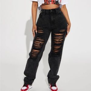 Black wash high rise ripped jeans
